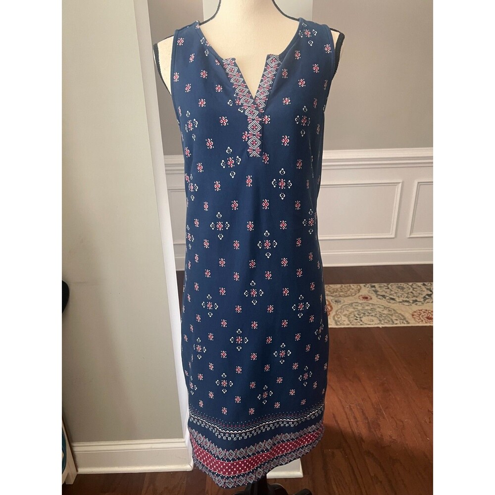 Talbots Womens Sz MEDIUM Navy Blue Red White Border Print Sheath Dress Cotton